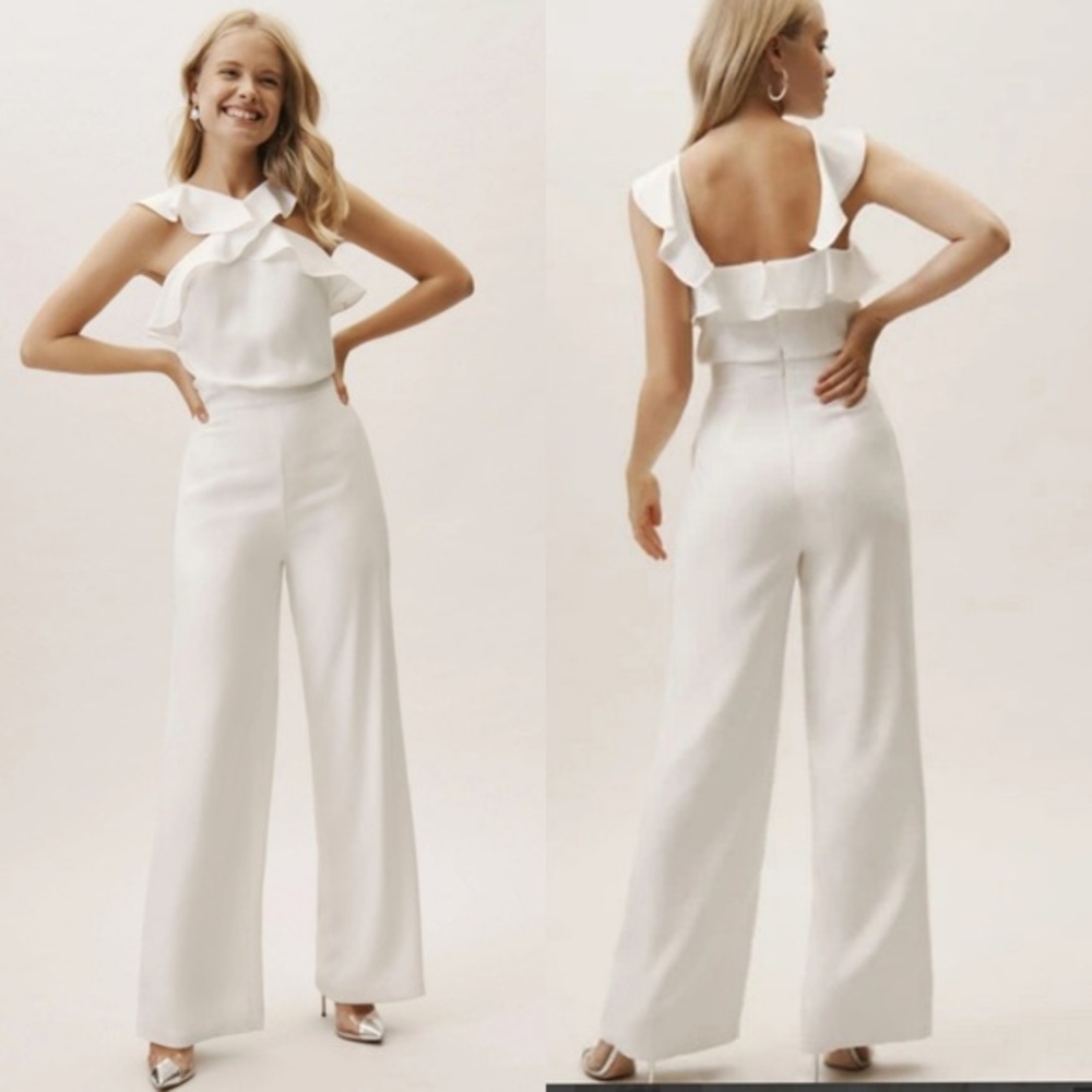 Monique lhuillier white ruffle jumpsuit